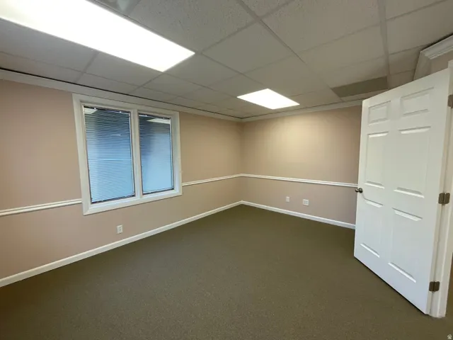 Neutral wall paint with chair rail molding, carpet flooring, a window with blinds, and recessed ceiling lighting