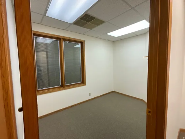 Recessed lighting with grid ceiling, light-colored walls, wood-frame windows with blinds, and carpeting