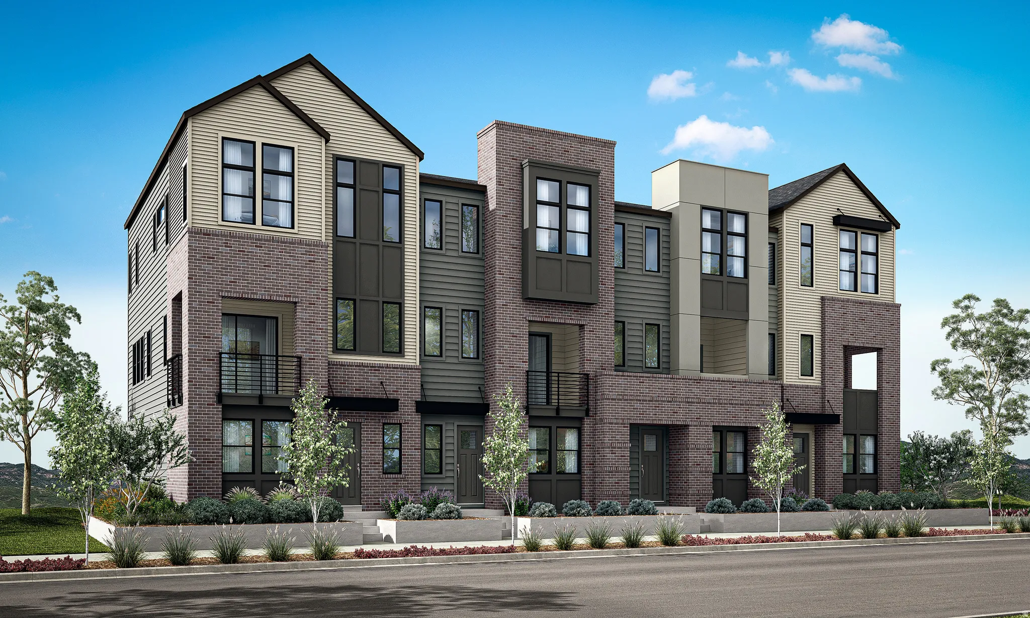 Multi-story facade featuring brick and horizontal siding