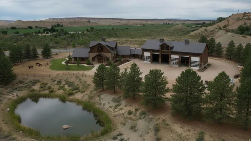 Expansive property featuring a large barn-style building with multiple bay doors, a secondary stone-clad residence, and a natural pond