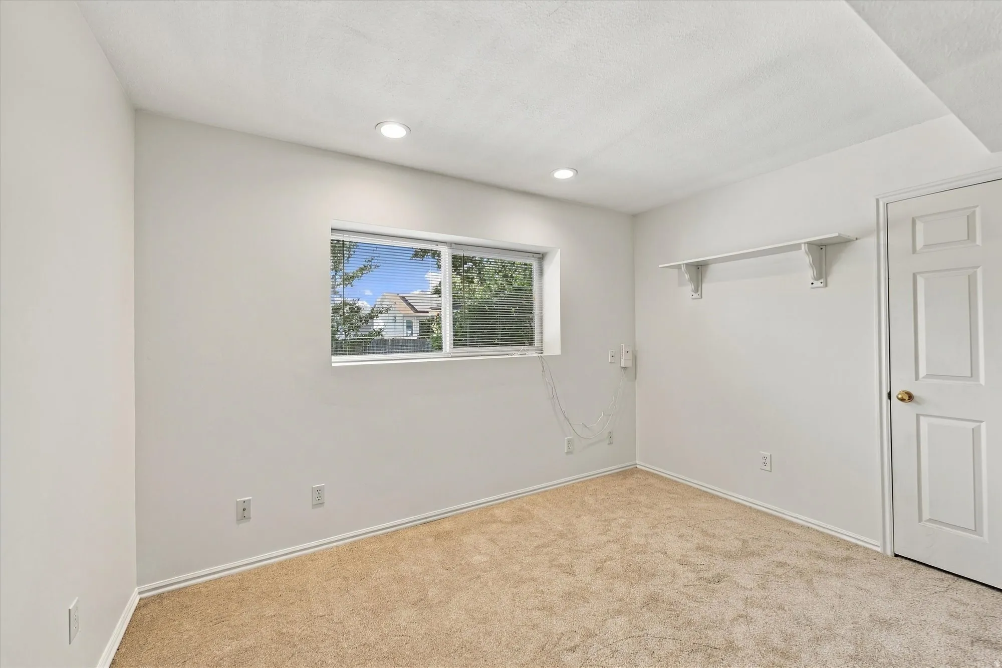 Recessed lighting, carpeted flooring, white interior walls, built-in shelving, and a paneled interior door