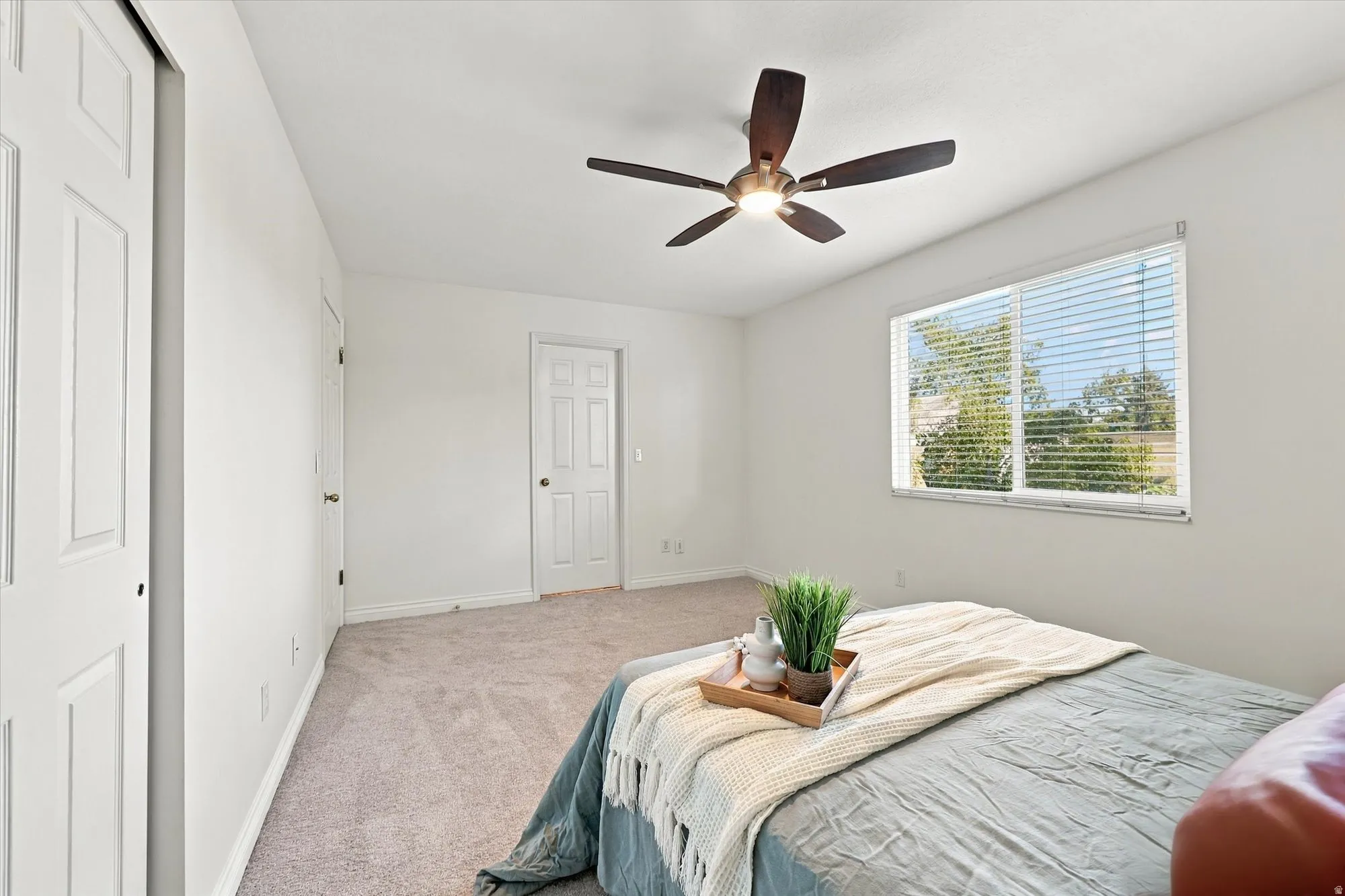 Plush carpeting, a ceiling fan with integrated lighting, window with horizontal blinds, and paneled doors