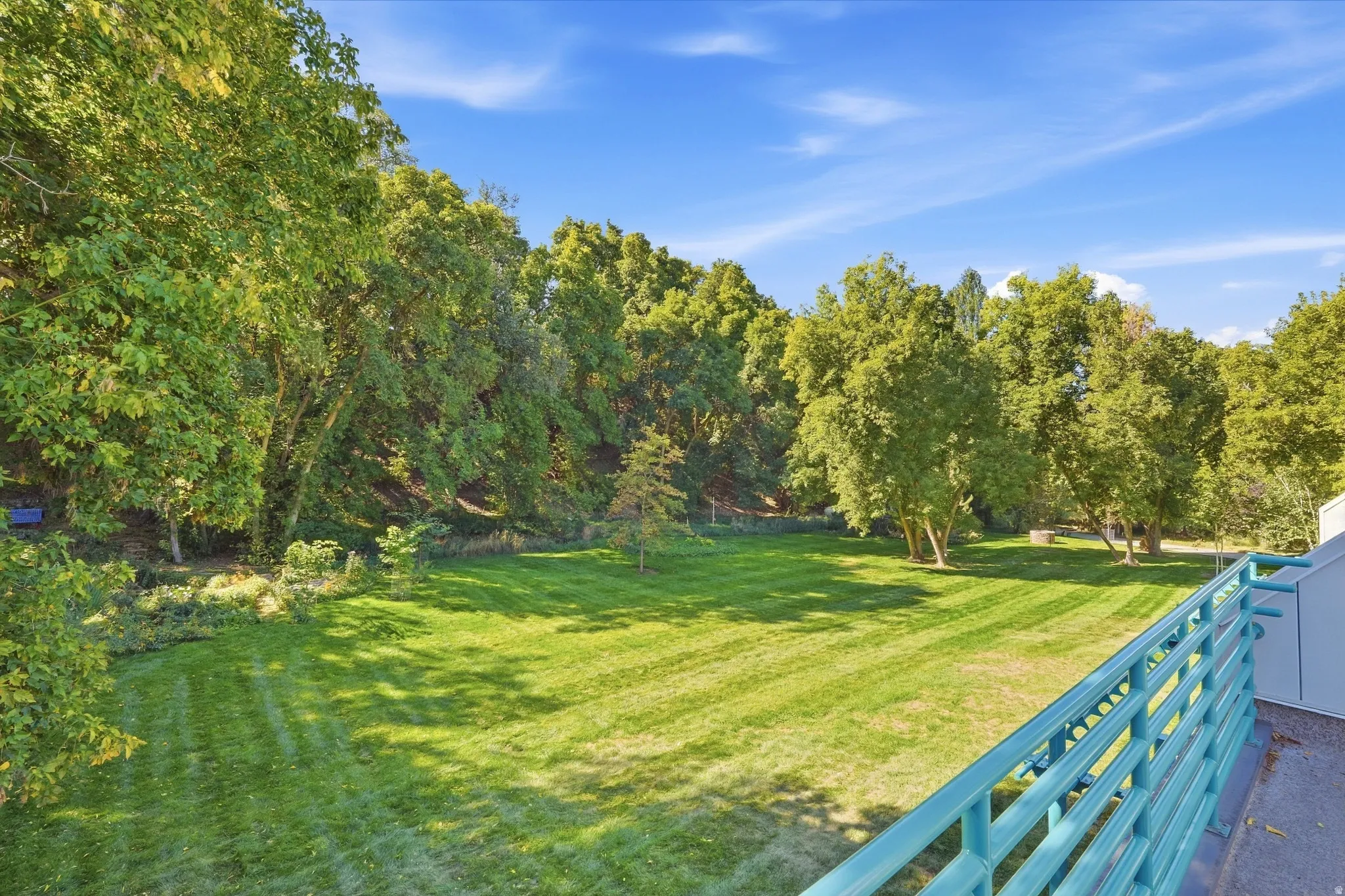 Expansive green lawn surrounded by mature trees, featuring a blue metal railing