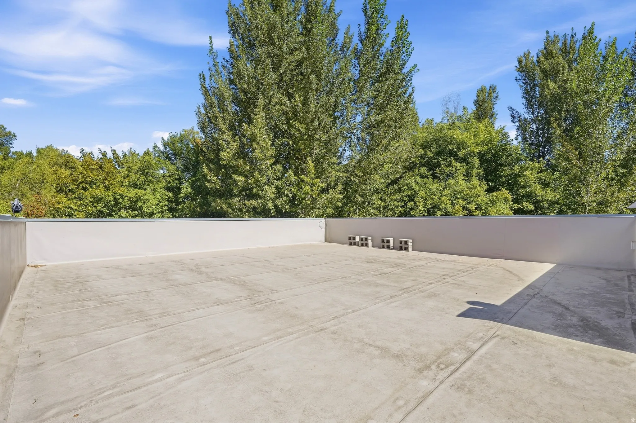 Expansive concrete rooftop terrace with a low perimeter wall