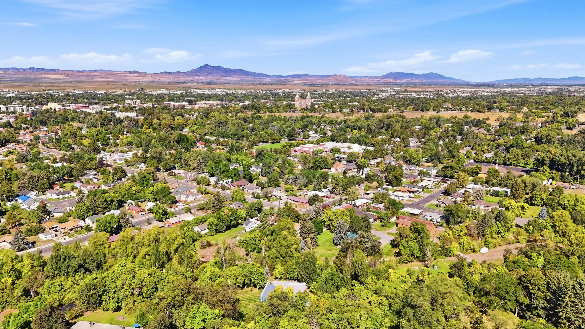 Expansive suburban landscape featuring mature trees, residential streets, and distant mountain ranges