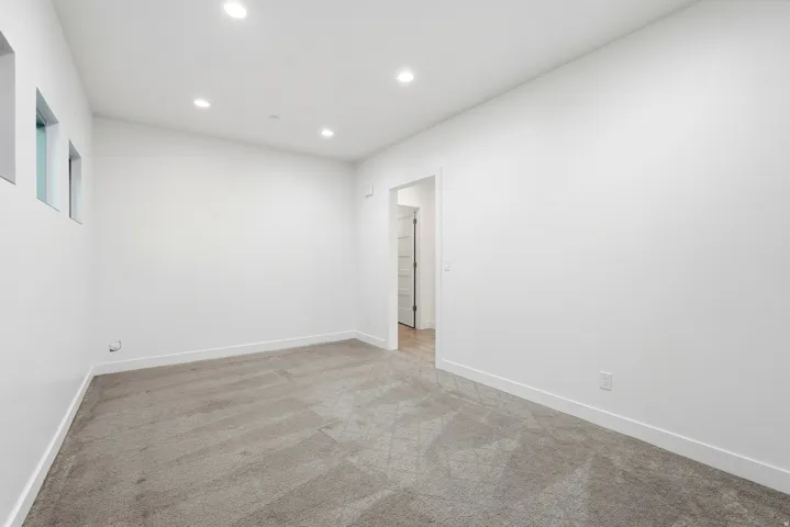 Recessed lighting, plush carpeting, white walls, and a modern interior door with horizontal paneling