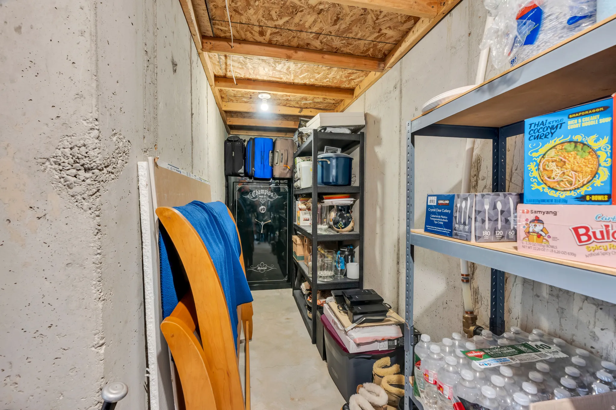 Unfinished space featuring exposed concrete walls and ceiling joists, with a light fixture and permanent shelving