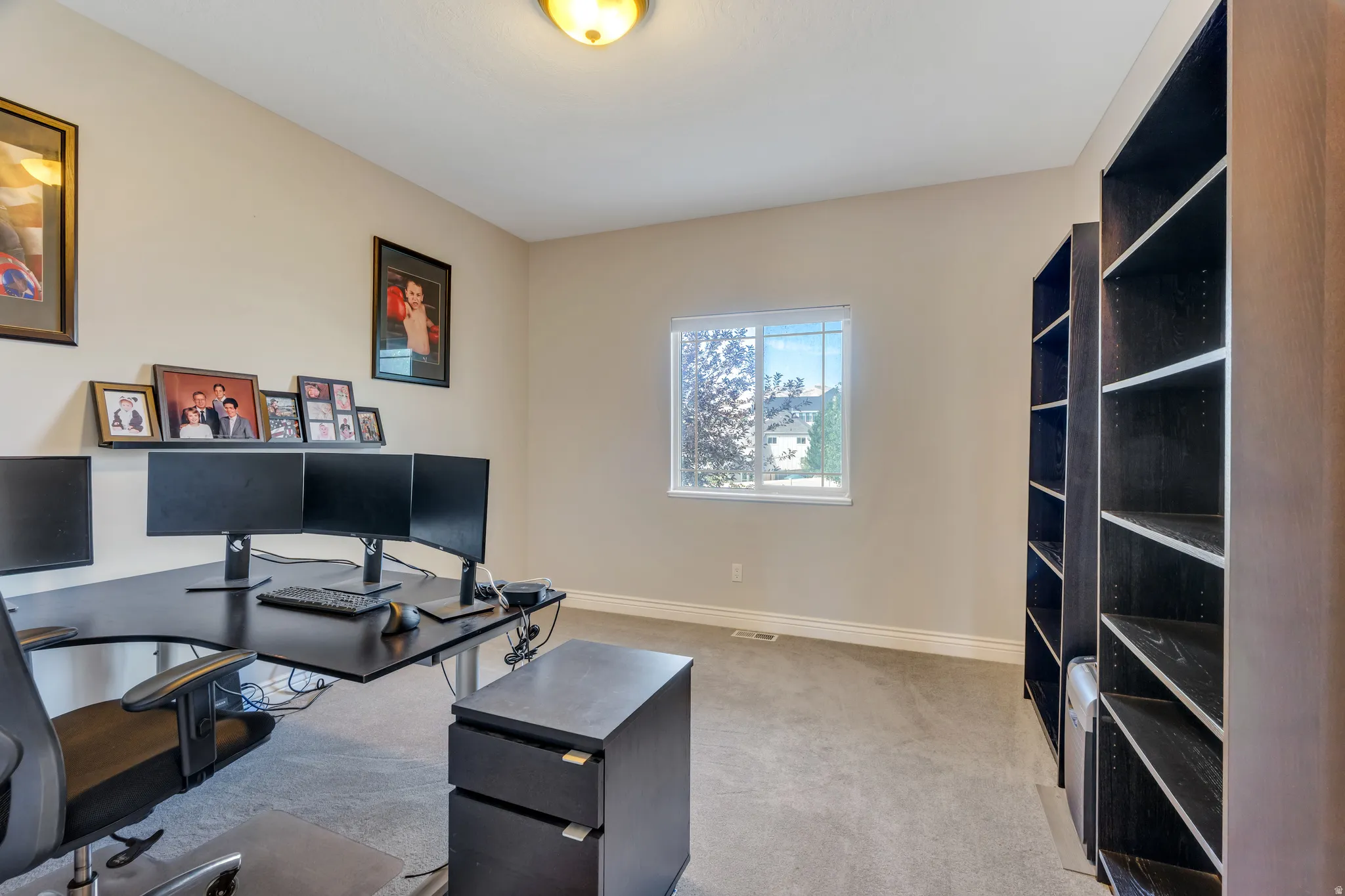 Carpeted flooring, single pane window, wall-mounted shelf, built-in shelving units, and a ceiling-mounted light fixture