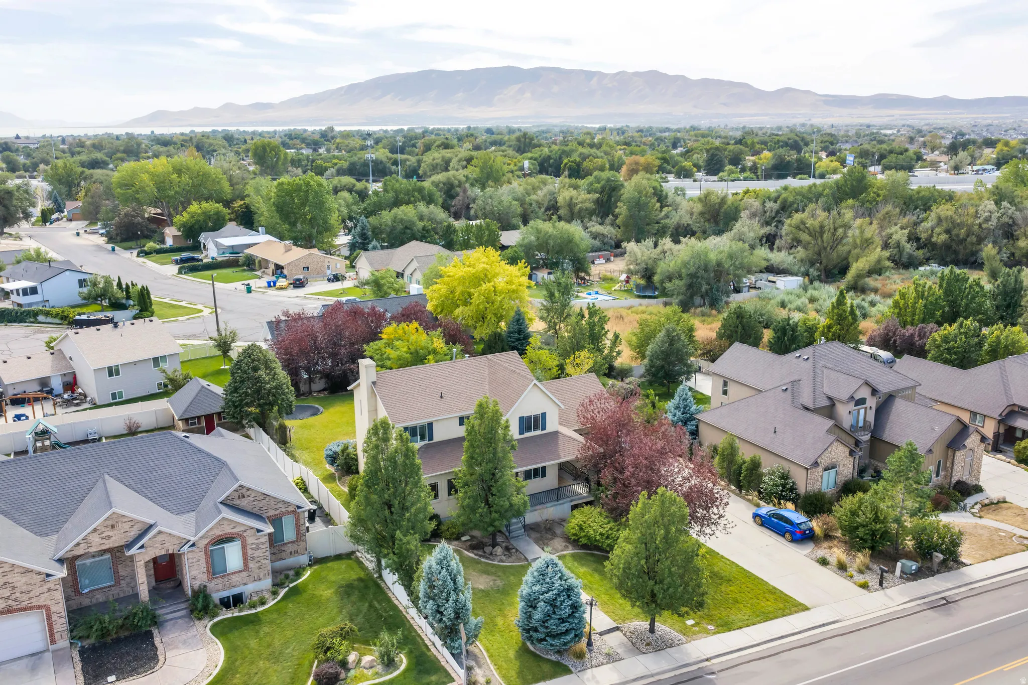 Residential neighborhood with diverse home styles, mature trees, and mountain backdrop