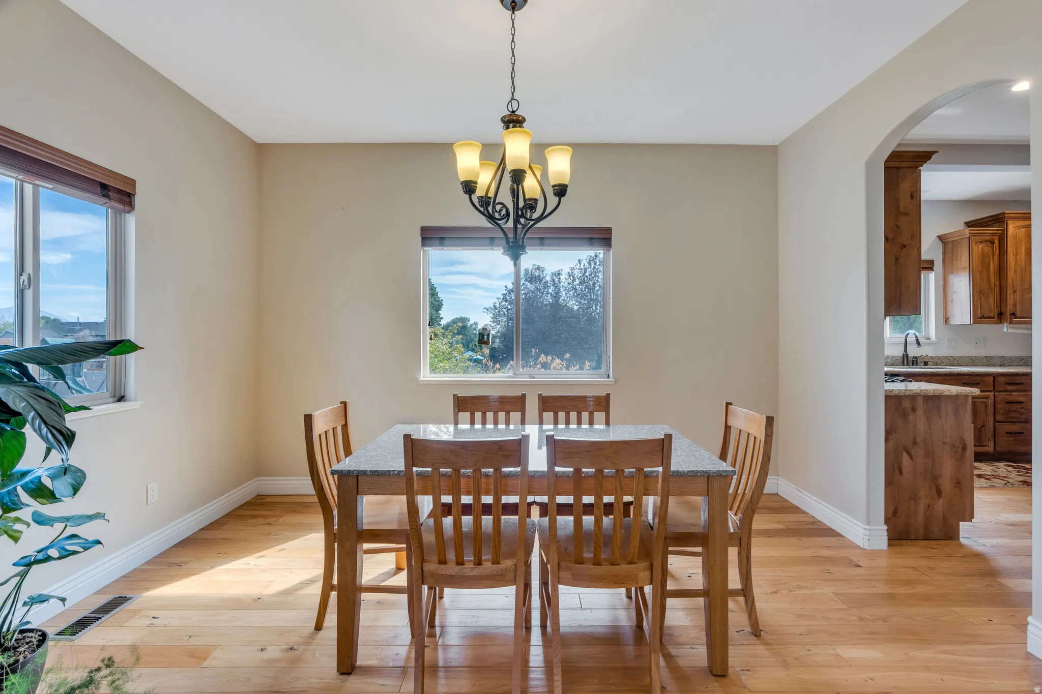 Bright dining space featuring wood-finish flooring, two windows, and an arched entryway
