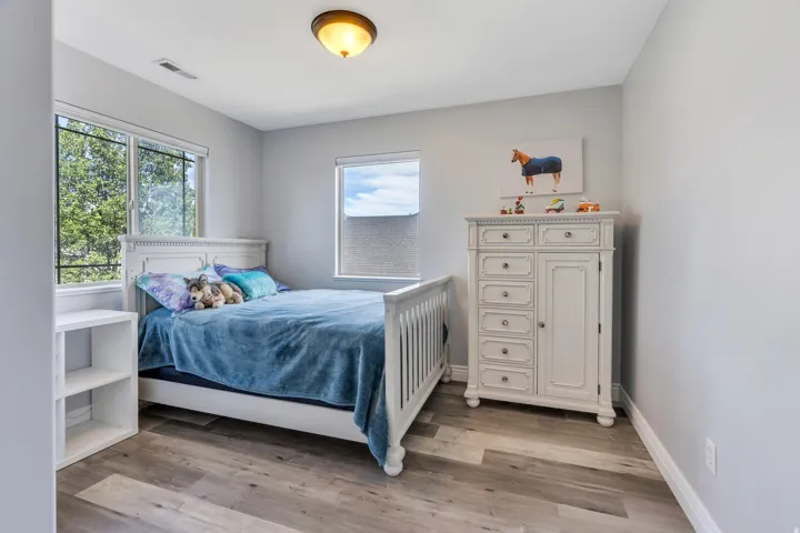 Recessed ceiling light fixture, two windows, wood-finish flooring, and light gray wall paint