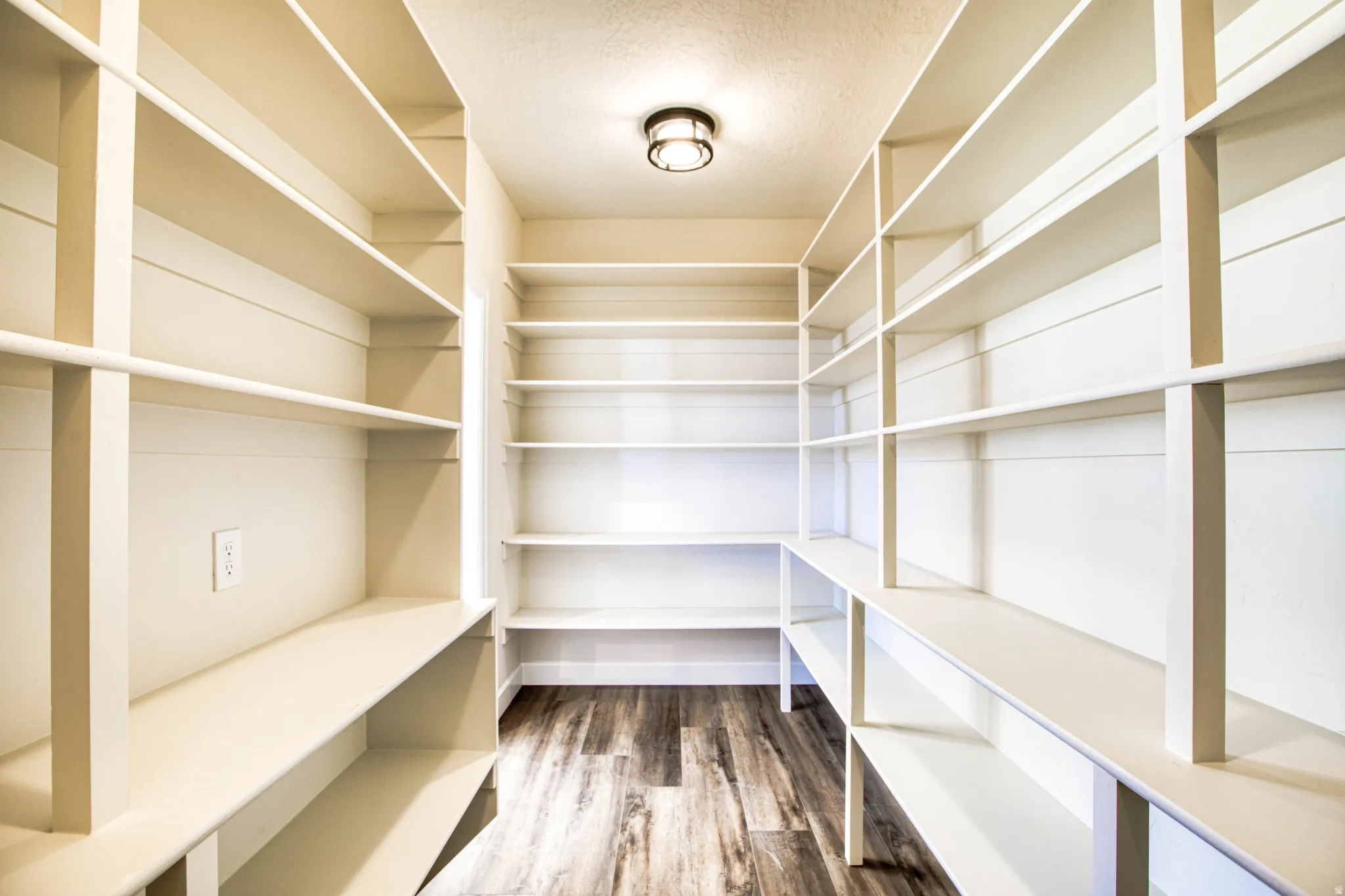 Expansive pantry featuring extensive built-in shelving, wood-finish flooring, and a flush mount light fixture