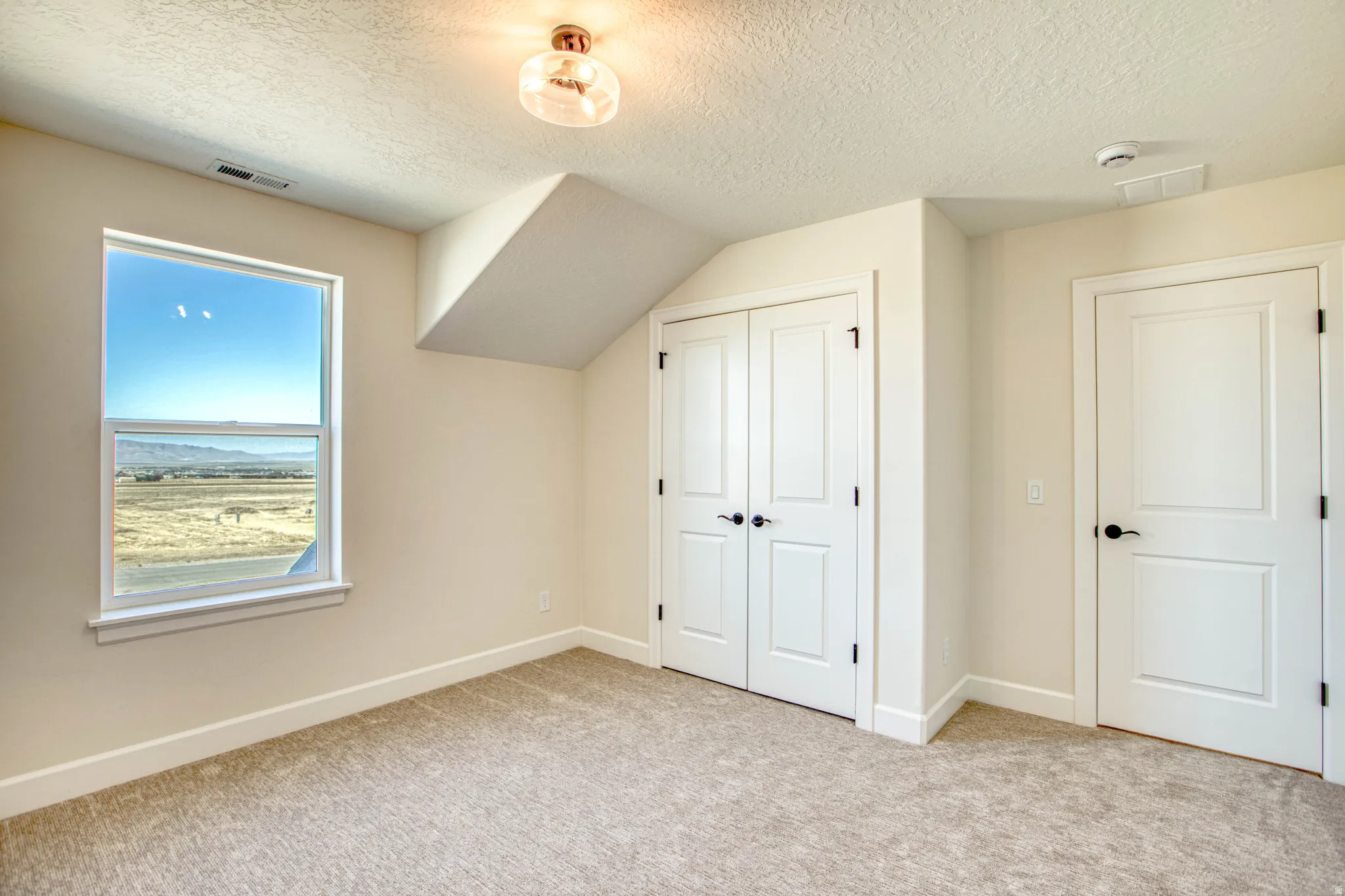 Light-colored carpeting, white paneled doors, and a single window with a white frame