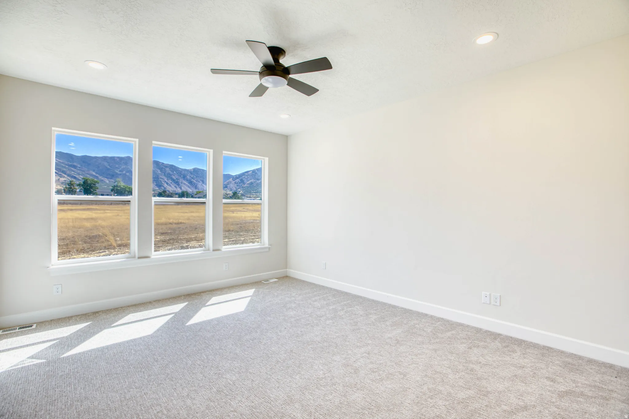 Plush carpeting, recessed lighting, and a ceiling fan with integrated lighting