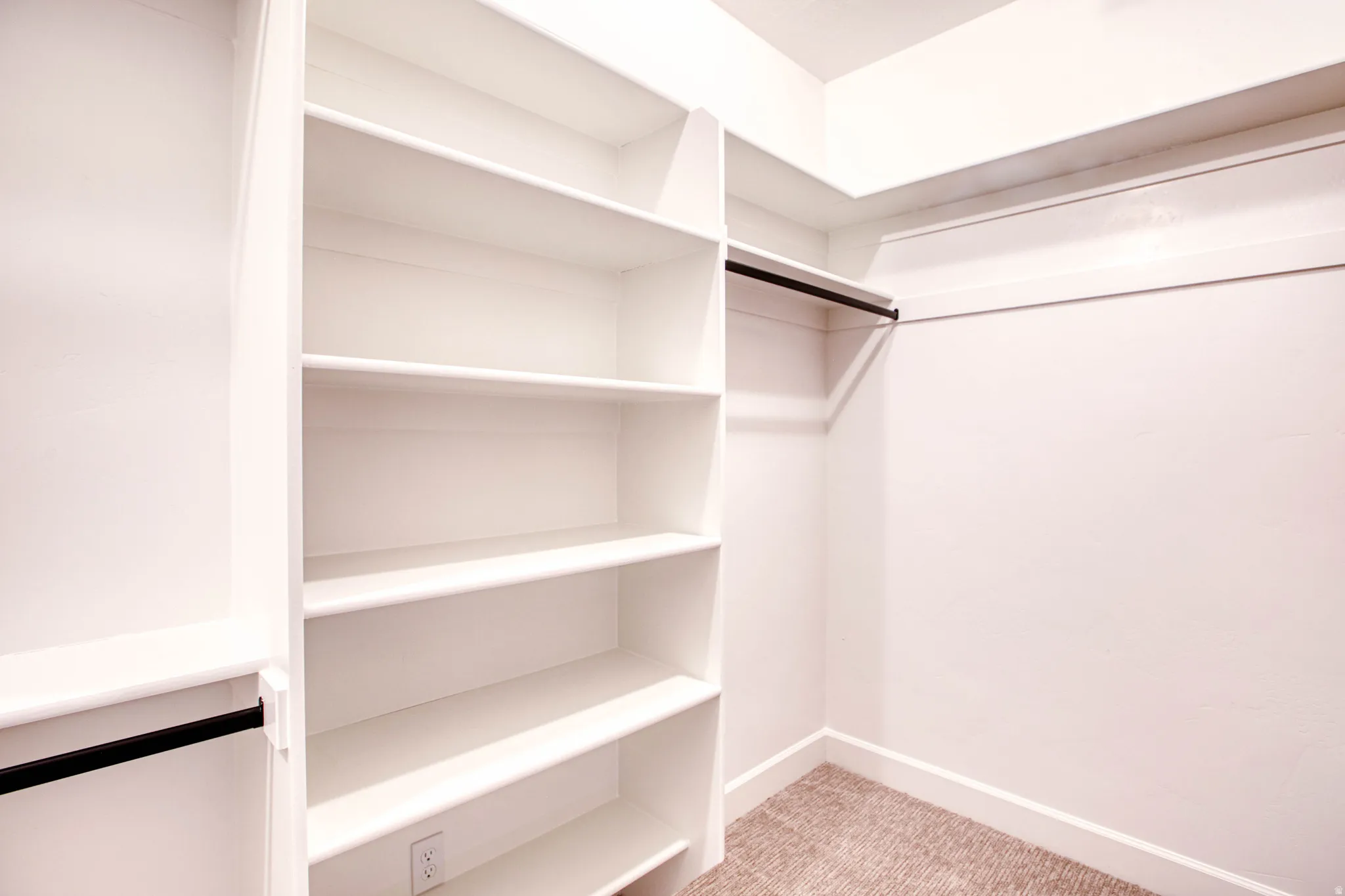 Built-in shelving, hanging rods, and carpeted flooring