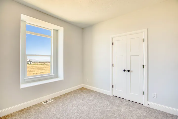 Light gray wall paint, textured carpeting, white trim, white window framing, and a white paneled door with matte black hardware