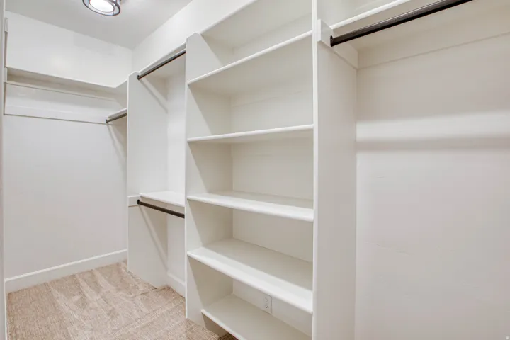 Built-in shelving, multiple hanging rods, recessed ceiling light, and carpet flooring