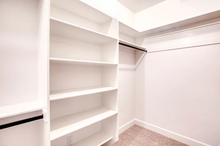 Built-in shelving, hanging rods, and carpeted flooring