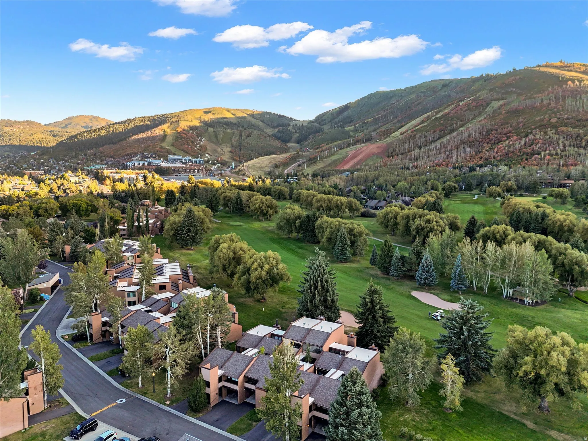 Overhead view of townhomes and golf course