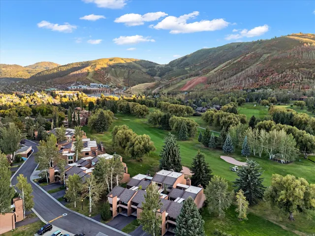 Overhead view of townhomes and golf course