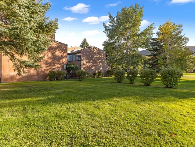 Expansive green lawn with mature trees and established shrubbery, complementing the multi-story exterior with multiple windows
