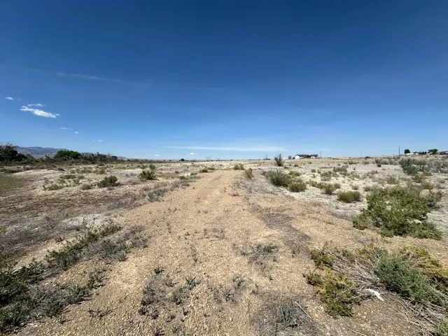 Expansive undeveloped lot with a dirt track and scattered vegetation under a clear sky