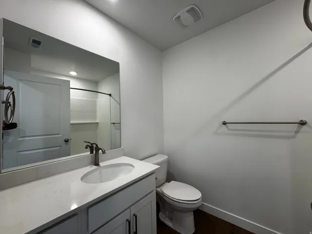 Bathroom featuring a vanity with an integrated sink, a large wall-mounted mirror, brushed nickel fixtures, a shower with a privacy panel, and wood-finish flooring