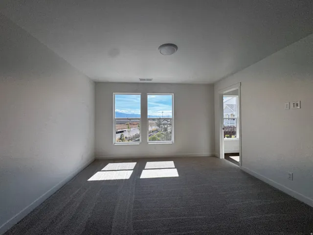 Spacious room featuring neutral carpeting, white walls, two large windows, and a flush-mount ceiling light
