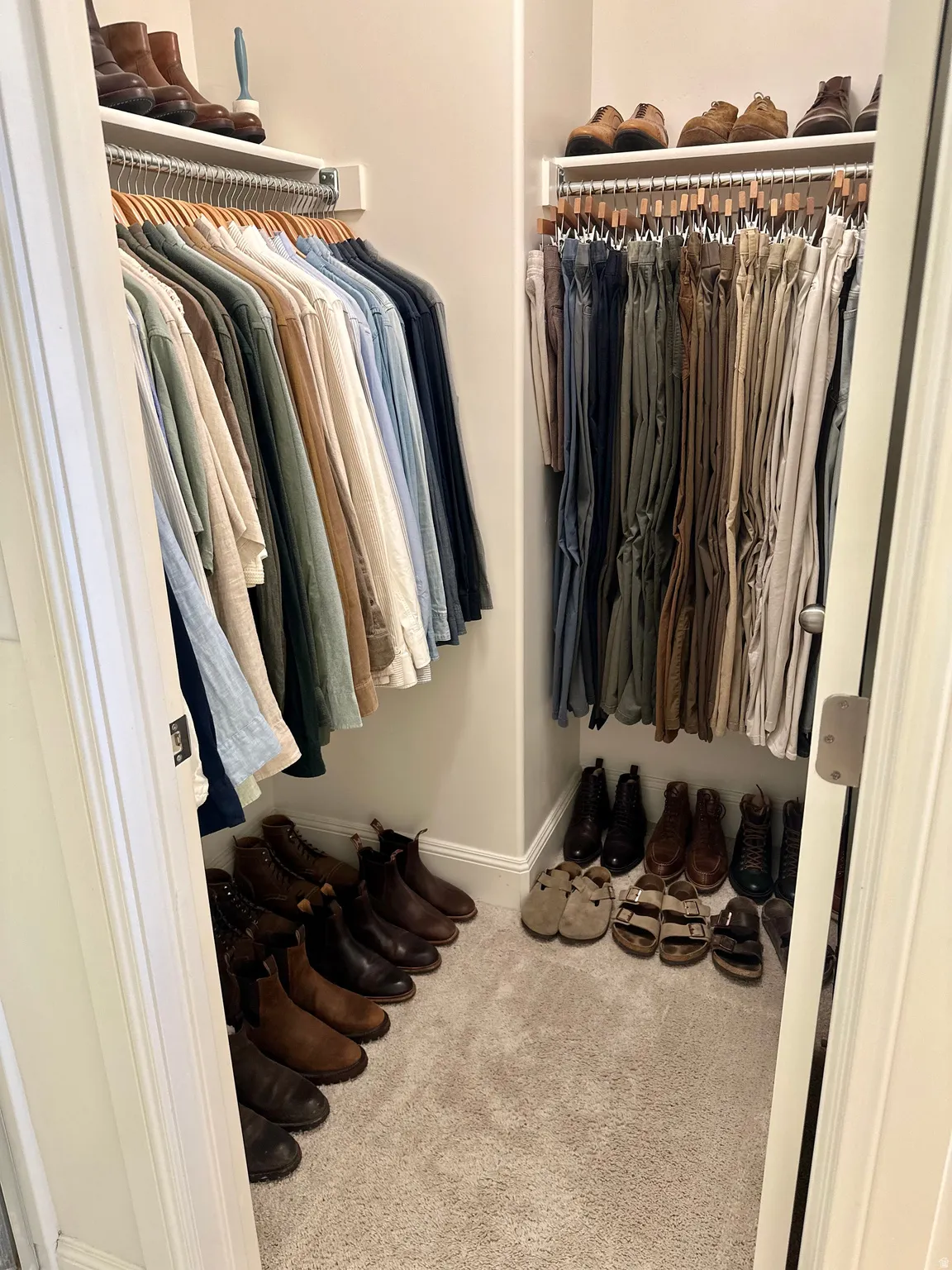 Built-in closet system with upper shelving, hanging rods, and neutral carpet