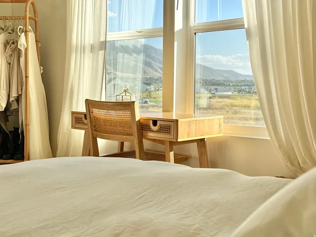 Large windows with mountain scenery