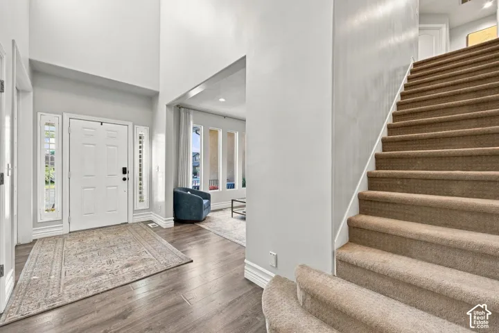 Double-height entryway with wood-finish flooring, a white paneled door, and sidelight windows