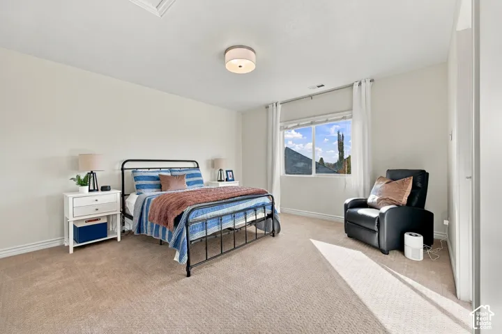 Neutral-toned walls, carpet flooring, a window with white drapes, and a ceiling-mounted light fixture