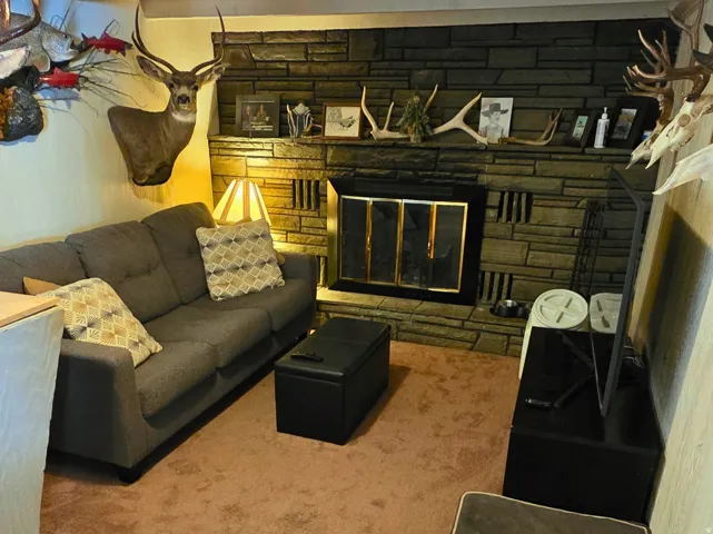 Stone fireplace with a metal firebox