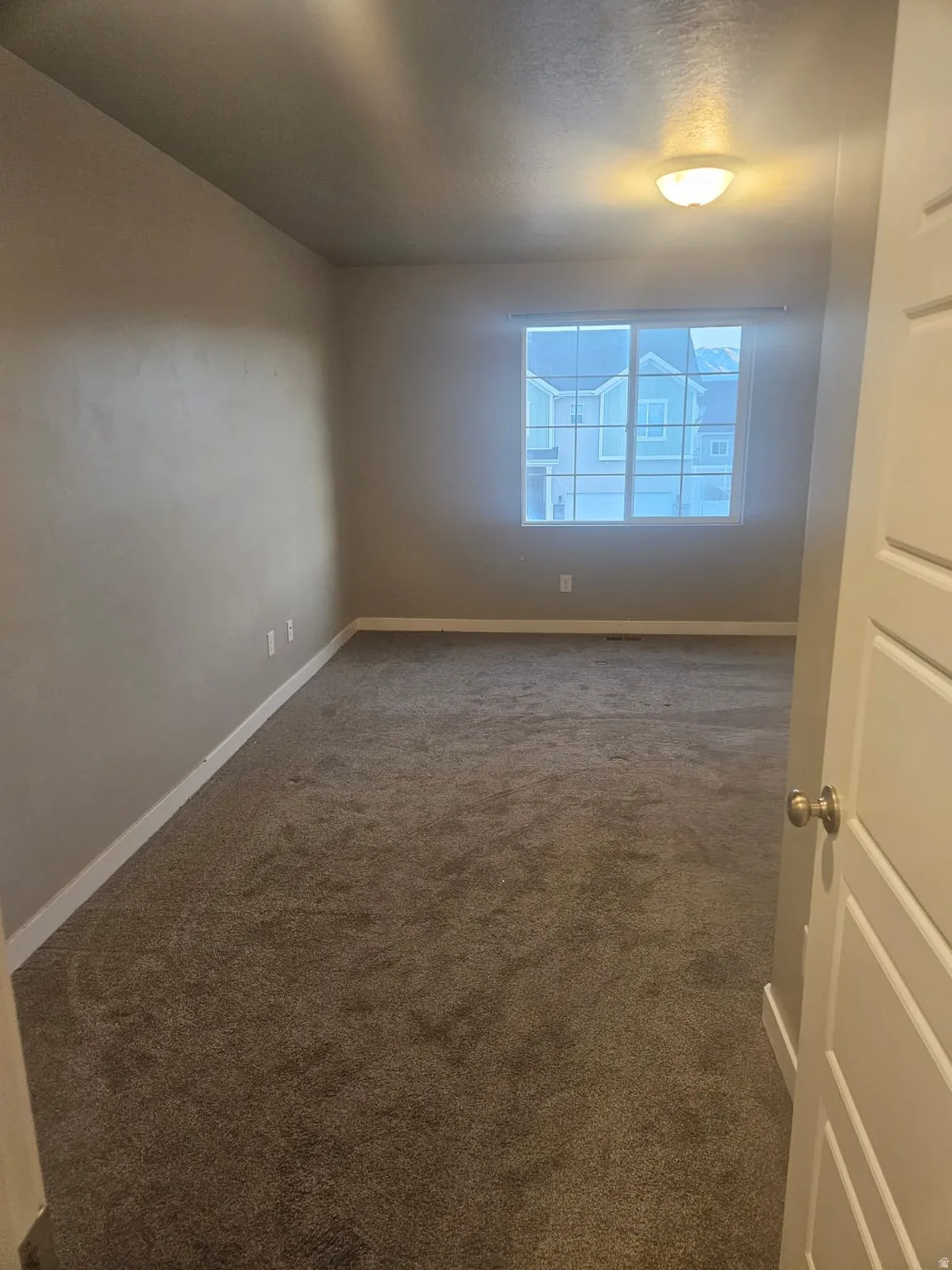 Neutral-toned walls, plush carpeting, window with natural light, and overhead lighting