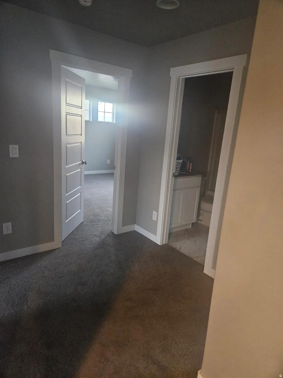 Gray wall paint, recessed ceiling lighting, light gray carpet, white trim, and white paneled doors