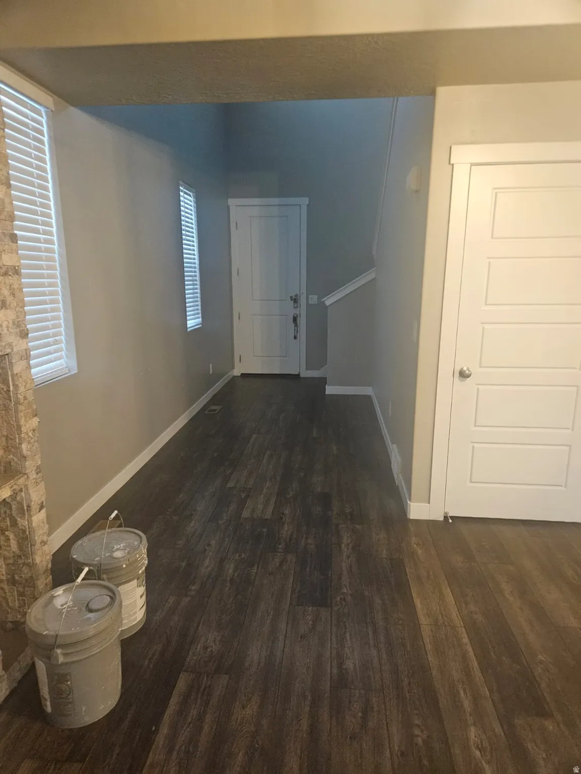 Wood-finish flooring throughout, white trim, and a modern paneled door