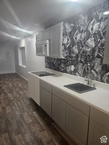 Kitchenette featuring light gray cabinetry, a built-in microwave, white countertops, a black sink with a chrome faucet, and wood-finish flooring