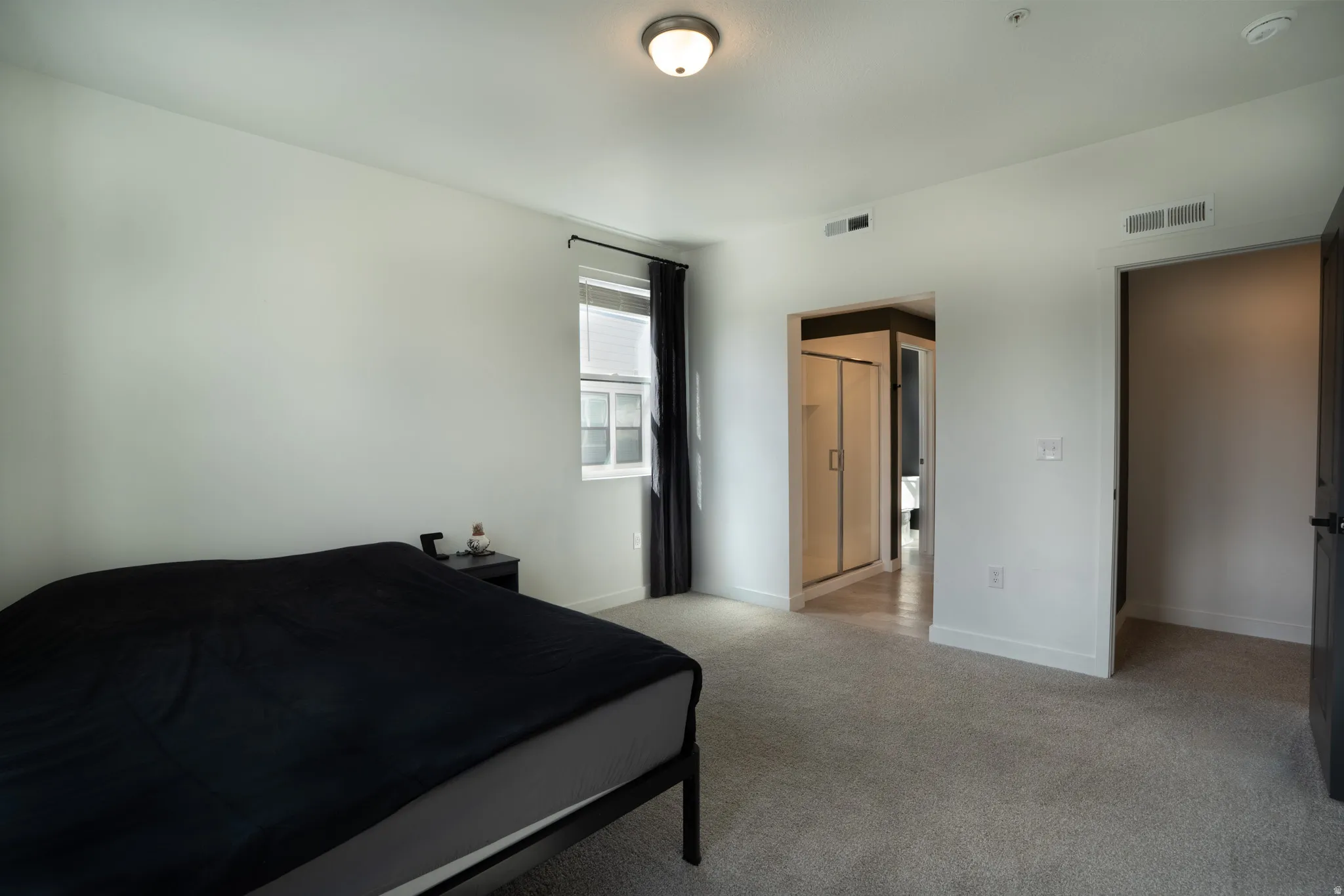 Carpeted room with a window, ceiling-mounted light fixture, and two open doorways