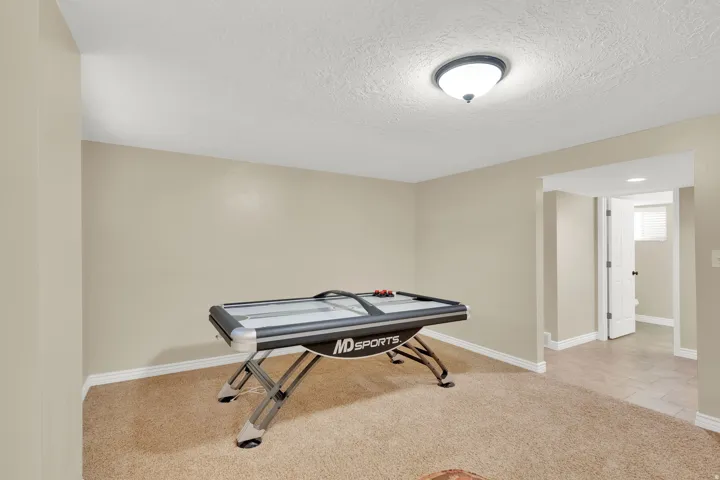 Carpeted recreational space featuring a ceiling-mounted light fixture and an adjacent doorway to a tiled area