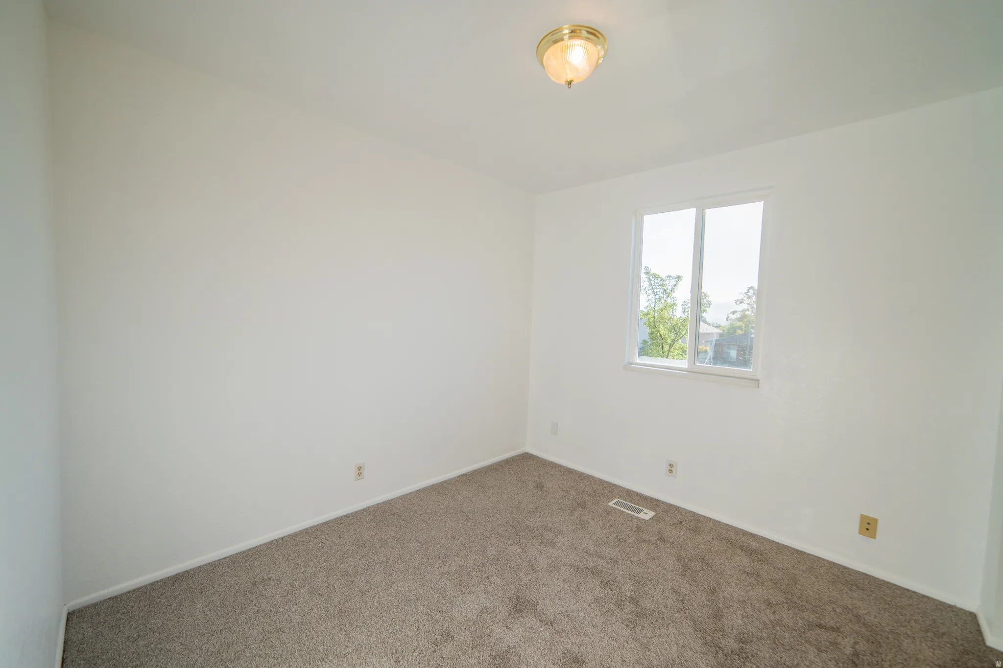 Neutral-toned carpeting, white painted walls, and a ceiling-mounted light fixture