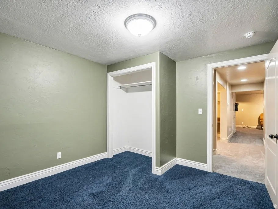 Plush carpeting, wall-to-wall closet, overhead lighting, textured walls, and white trim