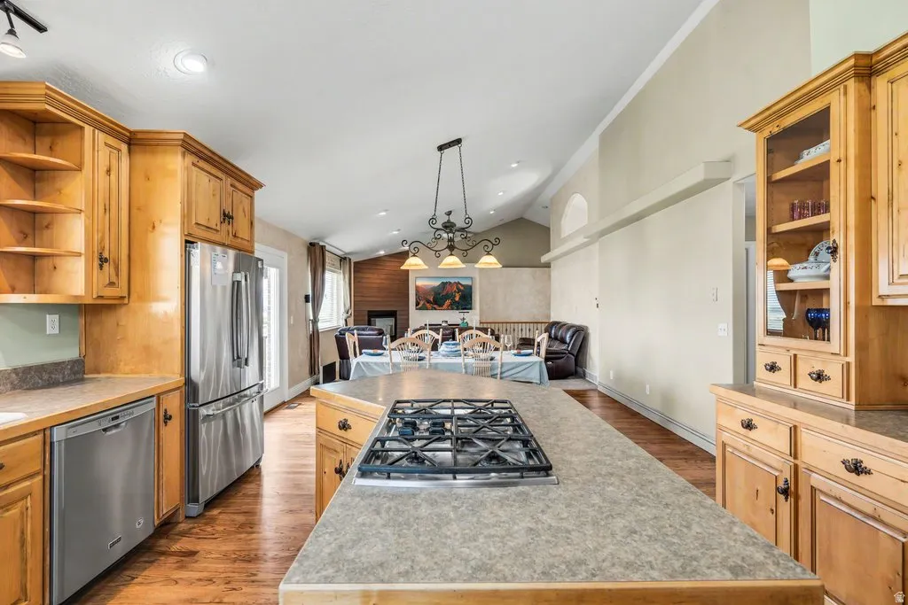 Kitchen featuring wood cabinetry, stainless steel appliances, an island with a built-in gas range, and wood-finish flooring