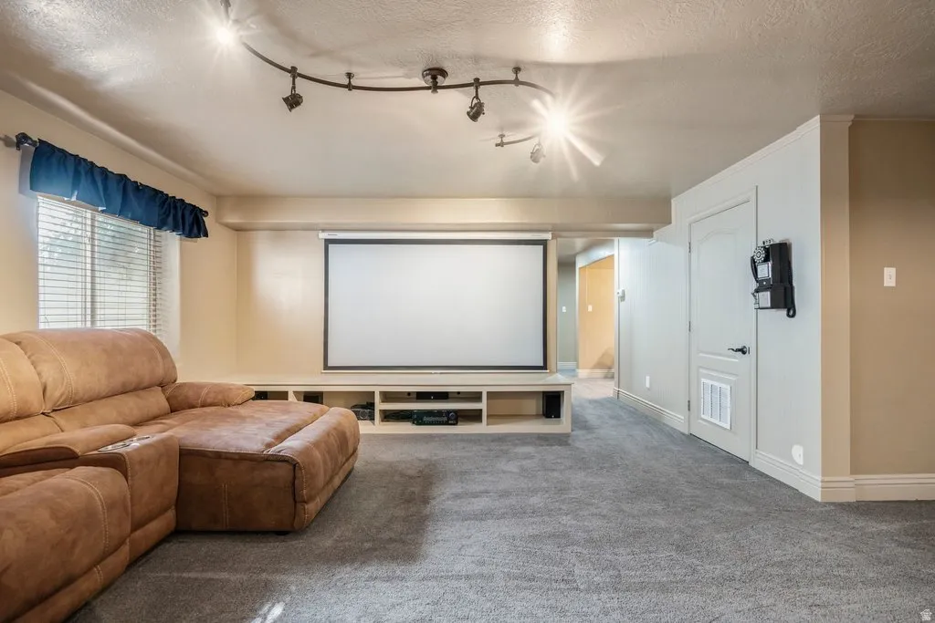 Projector screen with built-in media console, gray carpet flooring, window with blinds, recessed lighting, and a paneled interior door