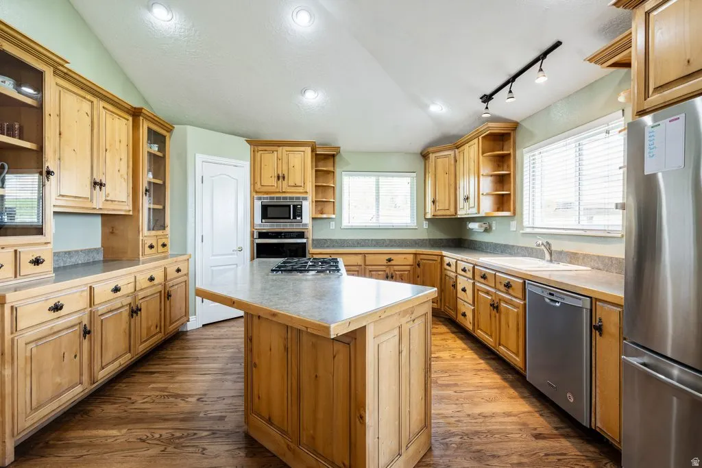 Spacious kitchen featuring extensive wood cabinetry, wood-finish flooring, stainless steel appliances, a center island with cooktop, and recessed lighting