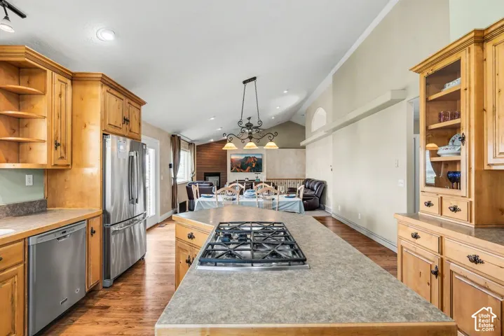 Kitchen featuring wood cabinetry, stainless steel appliances, an island with a built-in gas range, and wood-finish flooring