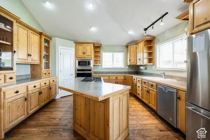 Spacious kitchen featuring extensive wood cabinetry, wood-finish flooring, stainless steel appliances, a center island with cooktop, and recessed lighting