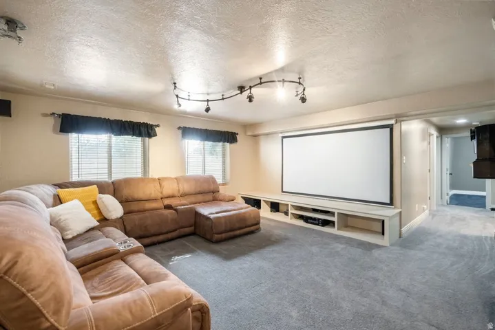 Integrated media screen with built-in media console, track lighting, two windows with blinds, and light gray carpeting