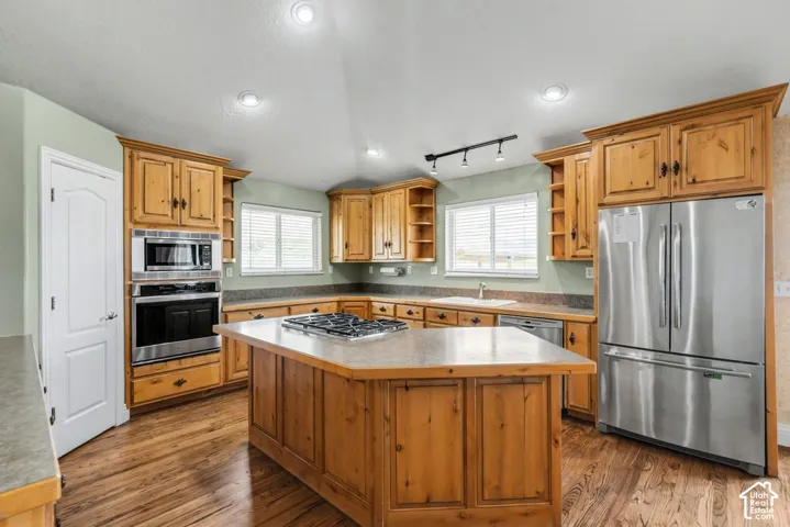 Kitchen featuring wood-finish flooring, recessed lighting, wood cabinetry, a center island with a cooktop, and stainless-steel appliances