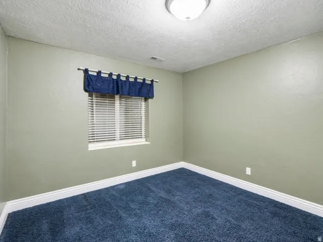 Wall-to-wall blue carpeting, window with horizontal blinds, and a flush mount ceiling light fixture