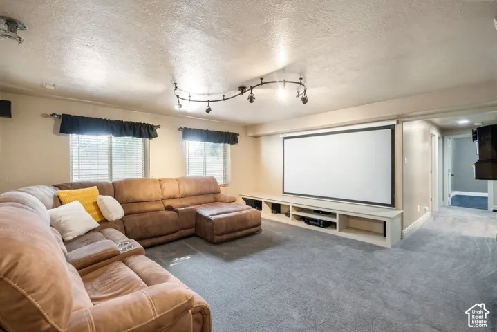 Integrated media screen with built-in media console, track lighting, two windows with blinds, and light gray carpeting